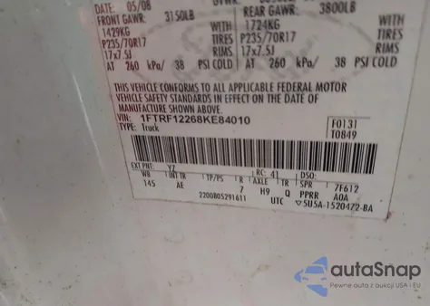 2008 Ford F-150 Stx/Xl/Xlt из США, поврежденный, VIN 1FTRF12268KE84010